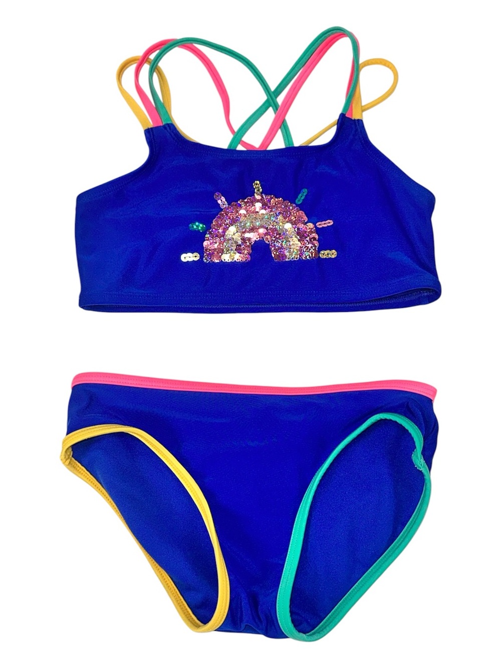 Girls Cat & Jack Rainbow Sequin Bikini Swimsuit 2 Piece Colorblock Size M 7/8